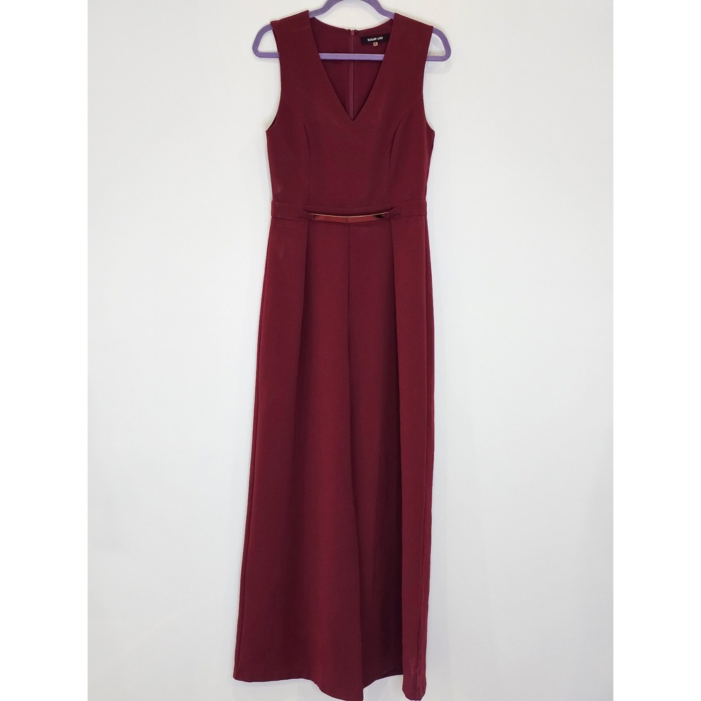Sugar Lips Garnet Red Wide Leg Jumpsuit Gold Accent V-Neck Medium